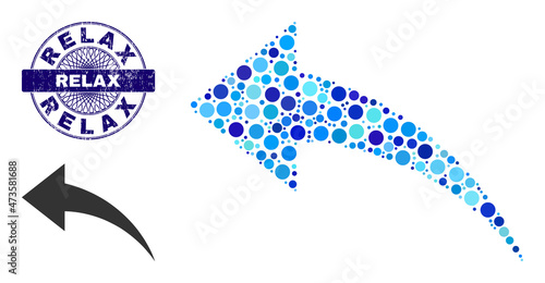 Rounded dot composition undo icon and RELAX round unclean stamp imitation. Blue stamp includes RELAX text inside circle and guilloche ornament. Vector mosaic is based on undo icon,