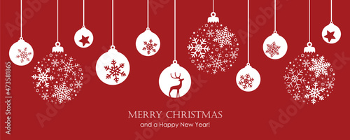 red merry christmas card with hanging ball decoratoin