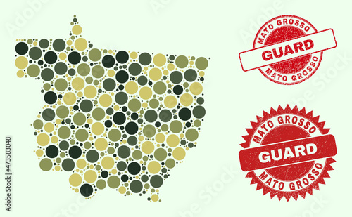 Vector circle elements combination Mato Grosso State map in camouflage hues, and grunge seals for guard and military services. Round red seals have word GUARD inside.