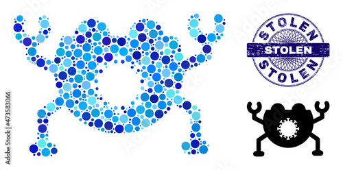 Circle combination virus nanobot icon and STOLEN round dirty stamp imitation. Blue stamp seal includes STOLEN caption inside circle and guilloche decoration.