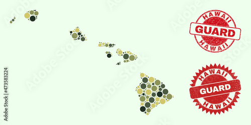 Vector circle parts composition Hawaii State map in camouflage hues, and textured stamp prints for guard and military services. Round red stamp seals include phrase GUARD inside.