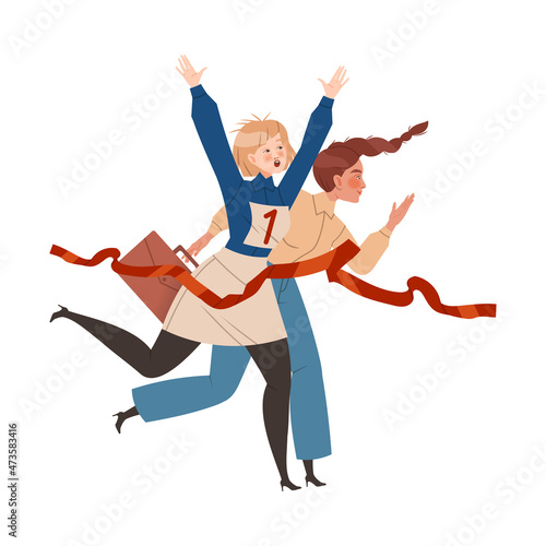 Business women crossing finish line. Team leaders race competition. Leadership and teamwork vector illustration