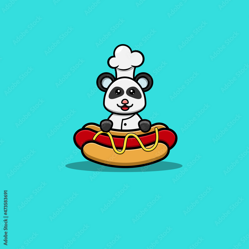Cute Baby Chef Panda On Hot Dog. Character, Logo, Icon And Inspiration Design. Cute Baby Chef Panda On Hot Dog. Character, Logo, Icon And Inspiration Design.
