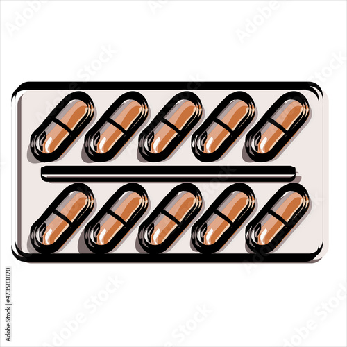 Pills, capsules blisters, glass bottles with liquid medicine and plastic tubes with caps. Realistic flat style vector object illustration