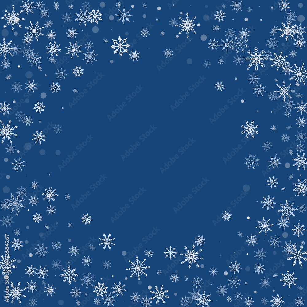 White delicate openwork snowflakes are scattered on a blue background. Festive background, postcard design, wallpaper