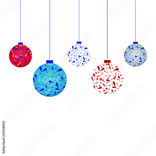 Christmas balls with a pattern of berries and leaves. A red  blue  white ball hangs on a thread. Vector illustration  flat minimal cartoon design isolated on white background  eps 10.