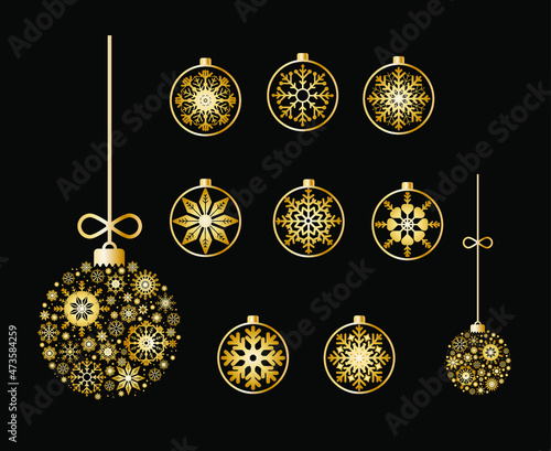 Christmas balls in gold color, lace design of a pattern of snowflakes. Ornament in yellow metal, isolated on black background, eps 10.