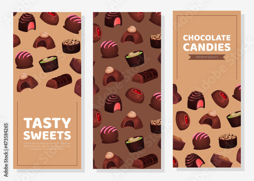 Tasty chocolate candies vertical banners set. Sweet dessert packaging, advertising, label, menu vector illustration