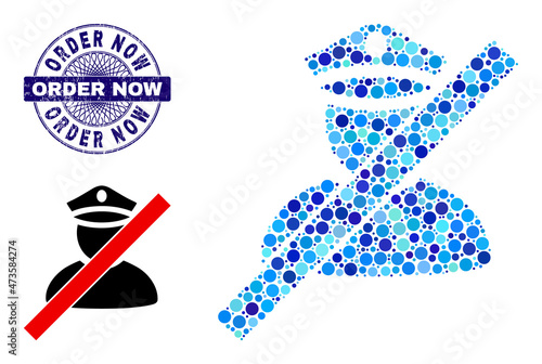 Round dot combination wrong police man icon and ORDER NOW round dirty stamp seal. Violet stamp seal includes ORDER NOW caption inside circle and guilloche structure.