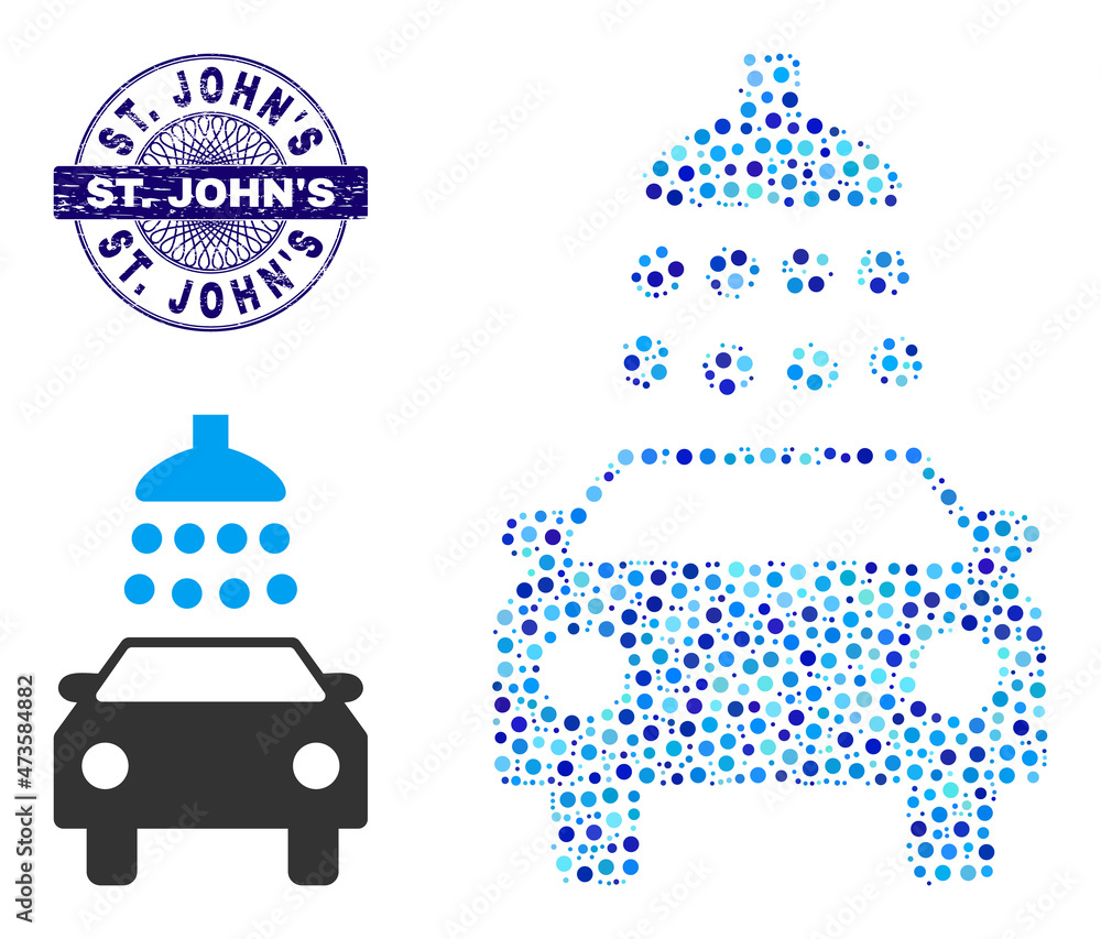 Circle collage car shower icon and ST. JOHN'S round unclean stamp. Violet stamp seal includes ST. JOHN'S caption inside circle and guilloche style. Vector collage is based on car shower icon,