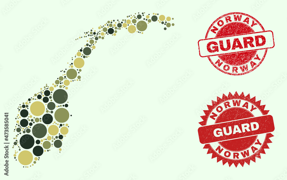 Vector round elements combination Norway map in khaki colors, and grunge stamp seals for guard and military services. Round red stamp seals include word GUARD inside. Vector round elements combination Norway map in khaki colors, and grunge stamp seals for guard and military services. Round red stamp seals include word GUARD inside.