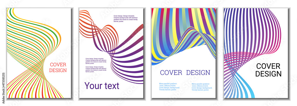 A set of 4 abstract covers. Wavy parallel gradient lines, ribbons evolve. Cover design, background. Trendy banner, poster. A set of 4 abstract covers. Wavy parallel gradient lines, ribbons evolve. Cover design, background. Trendy banner, poster.