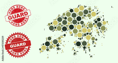 Vector circle elements mosaic Hong Kong map in camo colors, and unclean watermarks for guard and military services. Round red imprints have phrase GUARD inside.