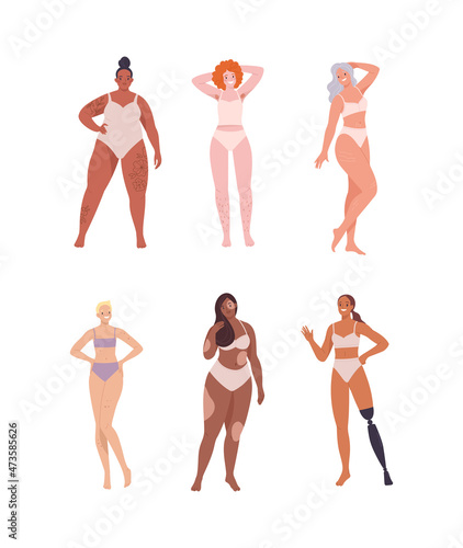 Body-positive women collection. Vector illustration of pretty women of diverse ages, ethnicities, and body types, standing in casual underwear. Isolated on white