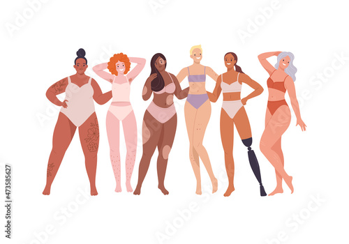 Body-positive Women. Vector illustration of pretty young and adult women of diverse ethnicities and body types, standing together in casual underwear. Isolated on white