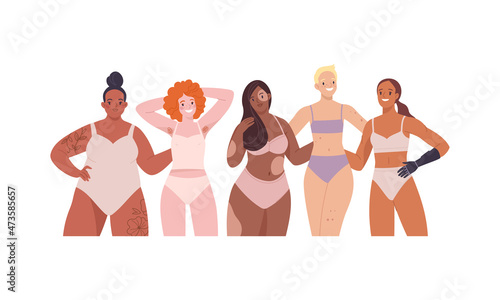 Body-positive Women banner. Vector illustration of pretty  young women of diverse ethnicities and body types, standing in casual underwear. Isolated on white