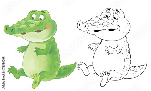 Cute and funny crocodile. Coloring page. Illustration for children. Cartoon characters isolated on white background. Greeting card  poster.