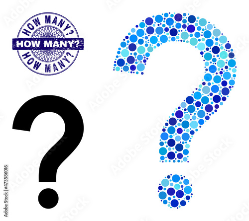 Round dot mosaic query sign icon and HOW MANY? round dirty watermark. Violet stamp includes HOW MANY? tag inside circle and guilloche technique. Vector mosaic is based on query sign icon,