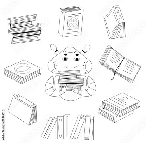 Chat bot with books. The training robot. Set of books. Chatbot teacher. Vector illustration