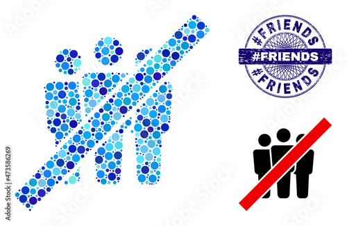 Rounded dot collage stop people icon and #FRIENDS round scratched stamp print. Blue stamp seal includes #FRIENDS caption inside circle and guilloche structure.