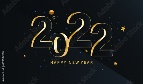 New Year's winter festive composition. Colorful Christmas background, realistic 3d decorative design objects, golden confetti. Happy New Year. Vector illustration. EPS 10.