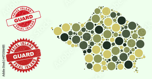 Vector round items mosaic Faial Island map in khaki hues, and corroded seals for guard and military services. Round red seals include phrase GUARD inside. photo