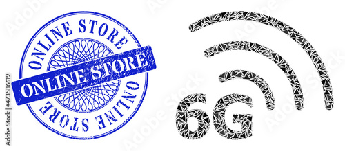 6G internet mosaic of triangle items, and Online Store corroded stamp seal. Blue stamp seal includes Online Store caption inside round form.