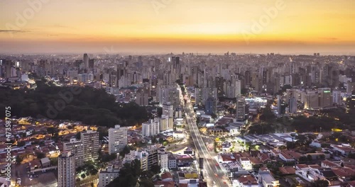 Campinas City, SP, avenue Dr Moraes Sales at dusk, Campinas Sao Paulo, hyperlapse moving backwards, Campinas city, drone images, sunset photo