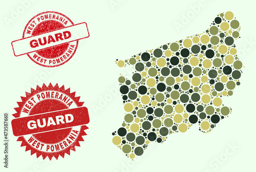 Vector spheric items combination West Pomeranian Voivodeship map in khaki colors, and unclean stamp seals for guard and military services. Round red stamp seals have phrase GUARD inside.