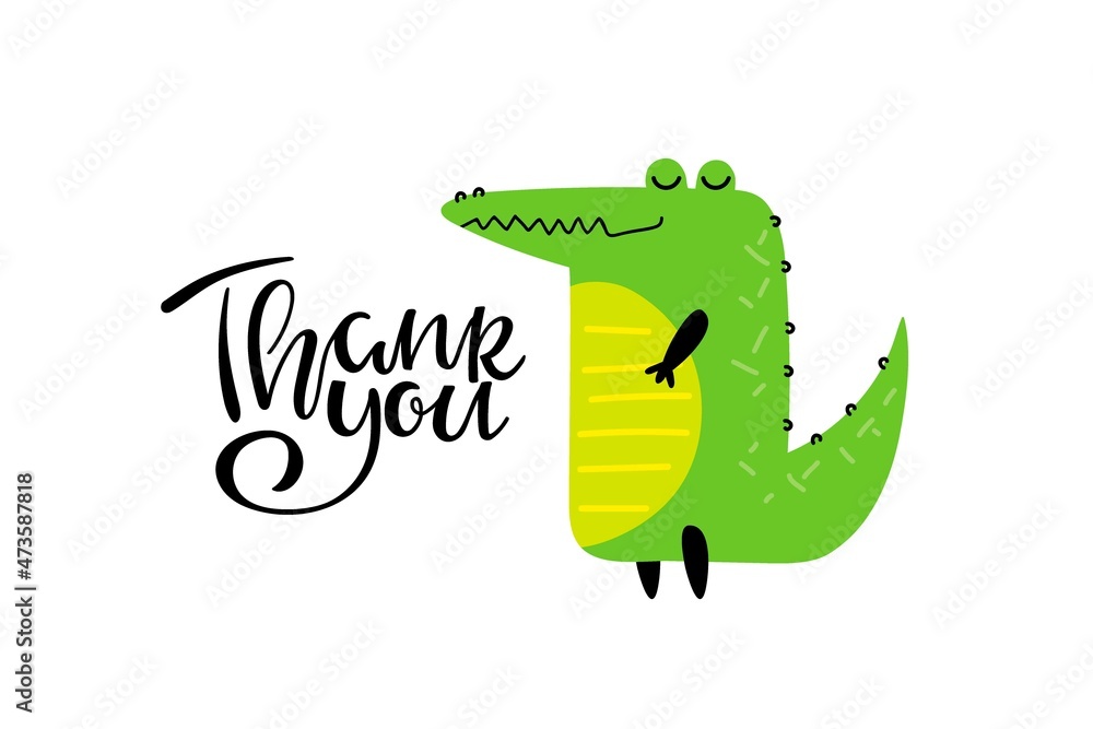 Obraz premium Thank You text and Cartoon crocodile. Cute cartoon character for Thank you day card. Good smiling crocodile. Handwritten caligraphy brush lettering. Flat vector illustration on white background.