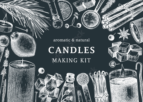 Hand sketched candles ingredients banner on chalkboard. Vintage candles, herbs, wax, fruits, spices, skewers hand drawings background. Perfect for aromatherapy, hobby, handcrafts, candle making.