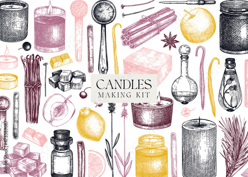 Hand sketched candles ingredients banner. Vintage candles, herbs, wax, fruits, spices, skewers hand drawings background. Perfect for aromatherapy, hobby, handcrafts, candle making.