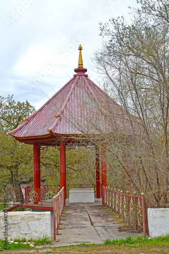 Rotunda in the Druzhba park on a spring day. Elista, Kalmykia