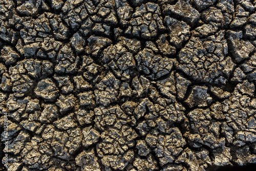 Dry and cracked ground caused by drought in Paraiba, Brazil. Climate change and water crisis.