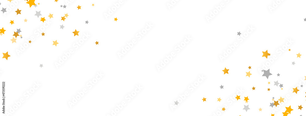 Golden and silver stars on white long background. Starry frame. Glitter elegant design element. Gold shooting star. Stardust trail. Galaxy magic decoration. Christmas texture. Vector illustration Golden and silver stars on white long background. Starry frame. Glitter elegant design element. Gold shooting star. Stardust trail. Galaxy magic decoration. Christmas texture. Vector illustration
