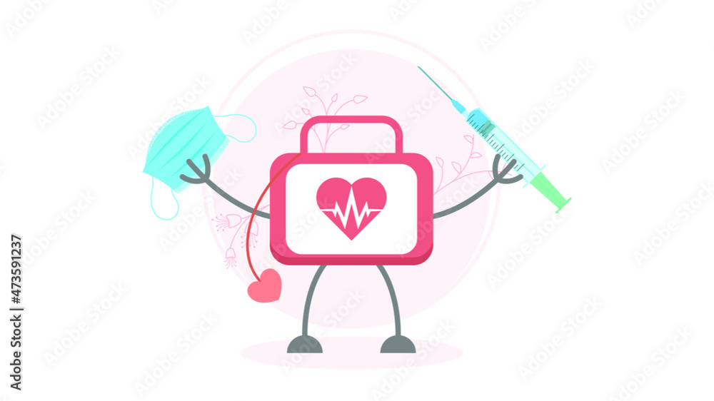 Abstract Flat Character First Aid Kit With Mask And Syringe Cartoon Concept Illustration Vector Design Style Abstract Flat Character First Aid Kit With Mask And Syringe Cartoon Concept Illustration Vector Design Style