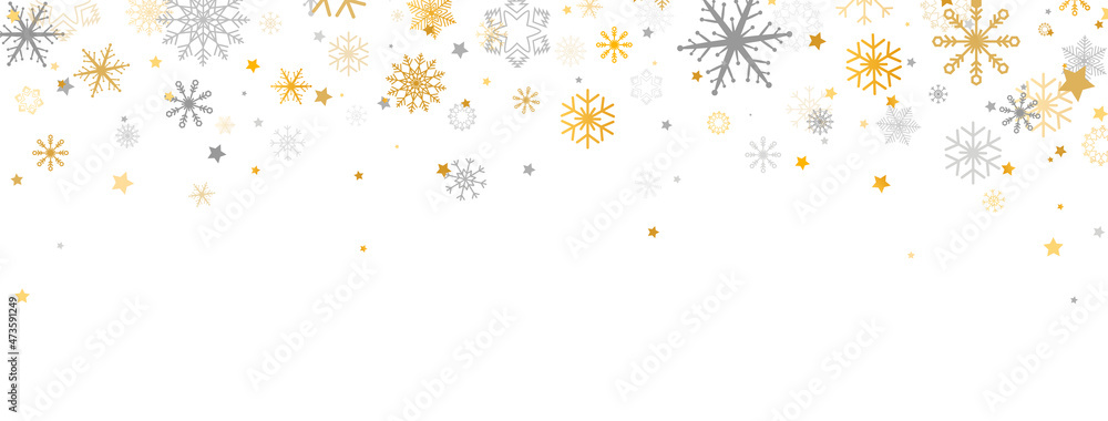 Golden and silver snowflakes frame with different ornament. Snowflake and star falling on white background. Luxury Christmas garland. Winter ornament for packaging, cards. Vector illustration Golden and silver snowflakes frame with different ornament. Snowflake and star falling on white background. Luxury Christmas garland. Winter ornament for packaging, cards. Vector illustration
