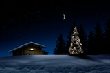 Beleuchteter Weihnachtsbaum und Holzhütte  in schneebedckter Landschaft bei Nacht