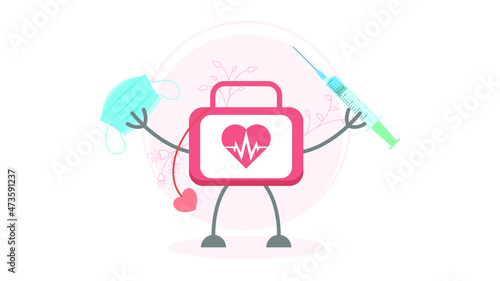 Abstract Flat Character First Aid Kit With Mask And Syringe Cartoon Concept Illustration Vector Design Style