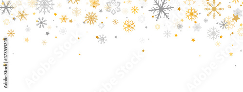 Golden and silver snowflakes frame with different ornament. Snowflake and star falling on white background. Luxury Christmas garland. Winter ornament for packaging, cards. Vector illustration