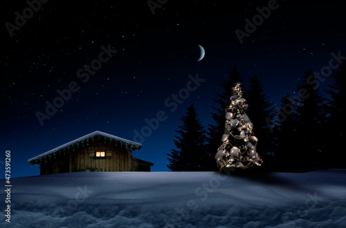 Beleuchteter Weihnachtsbaum und Holzhütte  in schneebedckter Landschaft bei N...
