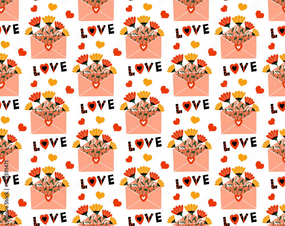 Seamless pattern with letters and bouquets of flowers. Happy Valentines Day Seamless pattern with letters and bouquets of flowers. Happy Valentines Day