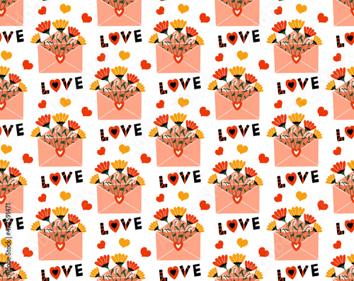 Fototapeta Naklejka Na Ścianę i Meble -  Seamless pattern with letters and bouquets of flowers. Happy Valentines Day