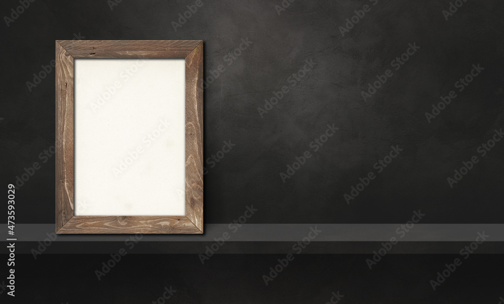 Wooden picture frame leaning on a black shelf. 3d illustration. Horizontal banner Wooden picture frame leaning on a black shelf. 3d illustration. Horizontal banner
