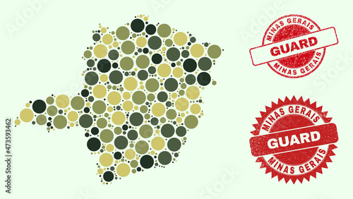Vector circle items composition Minas Gerais State map in khaki colors, and rubber stamps for guard and military services. Round red stamps have word GUARD inside.