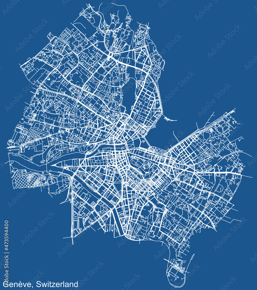 Detailed technical drawing navigation urban street roads map on blue background of Swiss regional capital city of Geneva, Switzerland