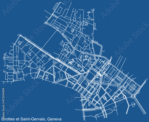 Detailed technical drawing navigation urban street roads map on blue background of the quarter Grottes et Saint-Gervais District of the Swiss regional capital city of Geneva, Switzerland