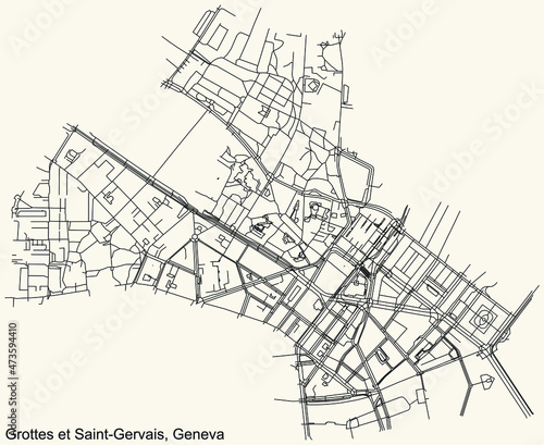 Detailed navigation urban street roads map on vintage beige background of the quarter Grottes et Saint-Gervais District of the Swiss regional capital city of Geneva, Switzerland