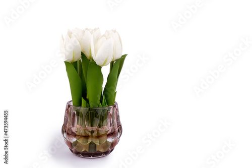 Bouquet white tulips in a vase on a white background side view