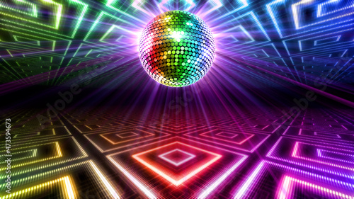 Mirror Ball Disco Lights Club Dance Party Glitter 3D illustration photo